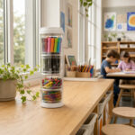 Deflecto Interlocking Stacking Tower Organiser 3 Canister holding craft supplies on a classroom table
