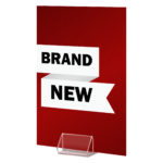 Deflecto Triangle Ticket/Card Holder holding a "Brand new" price card
