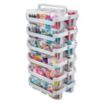 Deflecto Stackable Caddy Organiser – several caddies stacked and filled with craft supplies