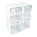Deflecto Interlocking Tilt Bin (4pk) – four bins stacked, empty