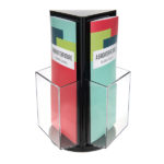 Deflecto DL Portrait Black Rotating Countertop Brochure Holder filled with colourful brochures
