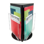 Deflecto A4 Portrait Black Rotating Countertop Brochure Holder filled with colourful brochures, rotating