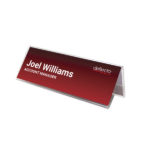 Deflecto A6 Landscape Tent-Style Desk Name Holder displaying a name and job title