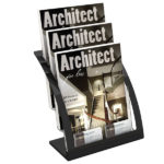 Deflecto A4 Portrait Black Curved 3-Tier Brochure Holder filled with magazines