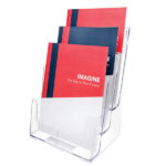 Deflecto A4 Portrait 3-Tier Brochure Holder filled with brochures in all three tiers