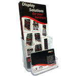 Deflecto DL Portrait Brochure Holder with Business Card Pocket filled with a DL brochure and business cards
