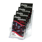 Deflecto A5 Portrait 4-Tier Brochure Holder filled with brochures in all four tiers
