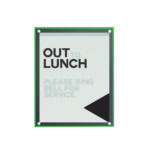 Deflecto Wall-Mounted Sign Holder – Frame Style displaying an "Out to lunch" sign