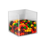 Deflecto 100mm Square Display Box filled with chocolate-coated lollies