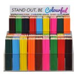 Deflecto 2-Tier Acrylic Counter Display filled with coloured pencils under a "Stand out" header card