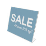 Deflecto A4 Landscape Slanted Sign Holder displaying a "Sale – all items 50% off" sign
