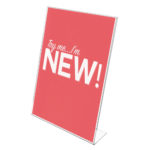 Deflecto Portrait Slanted Sign Holder displaying a pink "Try me, I'm new!" sign