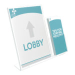 Deflecto A4 Portrait Slanted Sign Holder – DL Pocket on Side displaying a lobby sign with leaflets in the side pocket