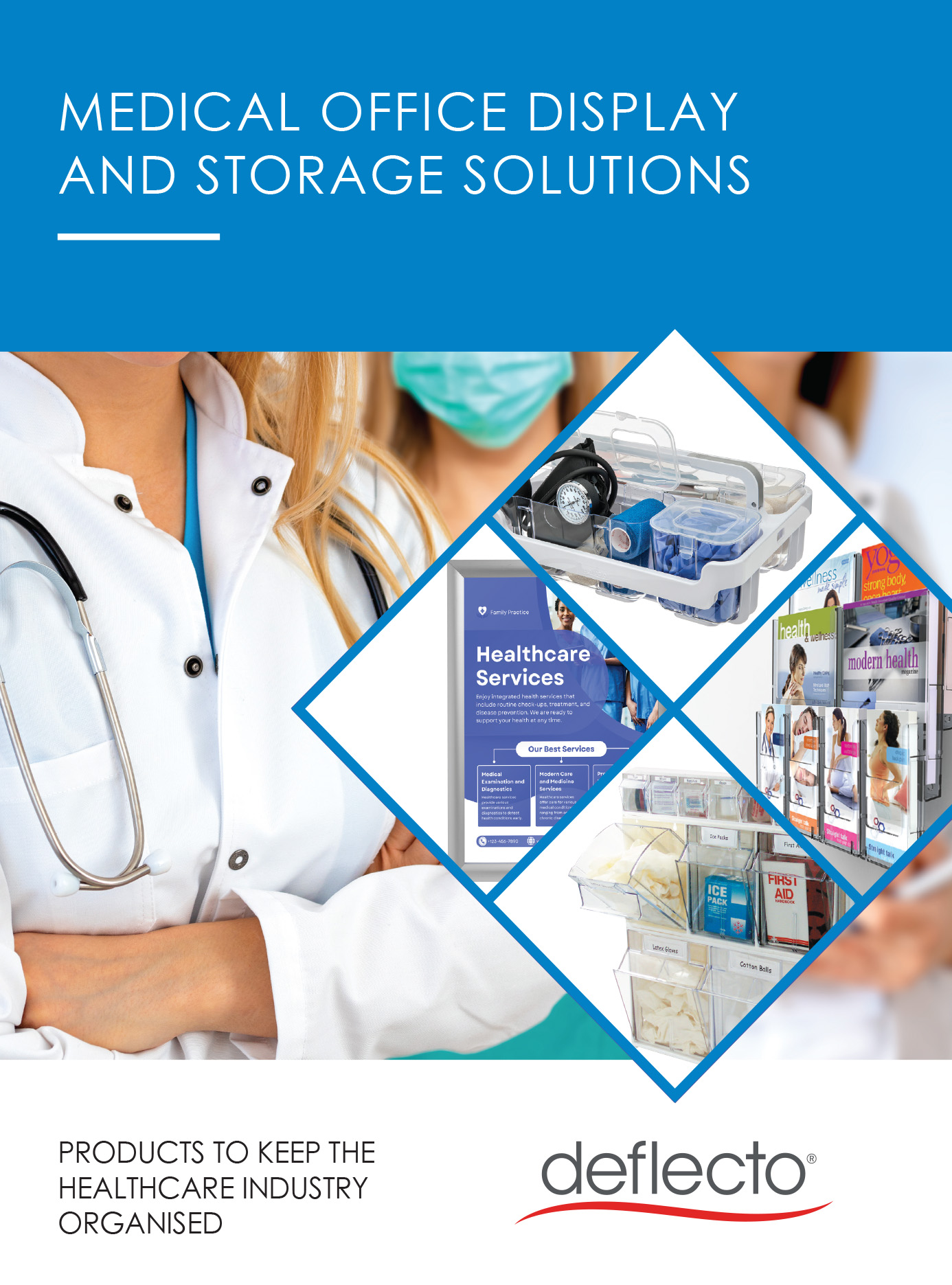 Medical Office Solutions brochure mockup for Deflecto display and storage products