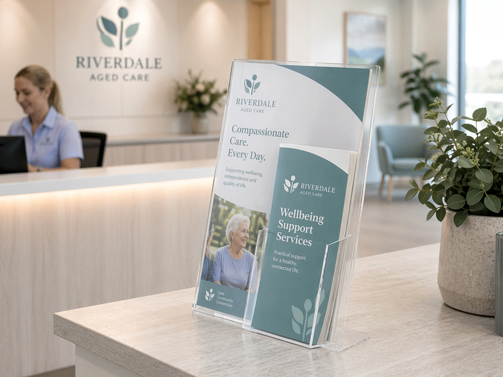 Deflecto clear A4 brochure holder filled with healthcare brochures on reception counter