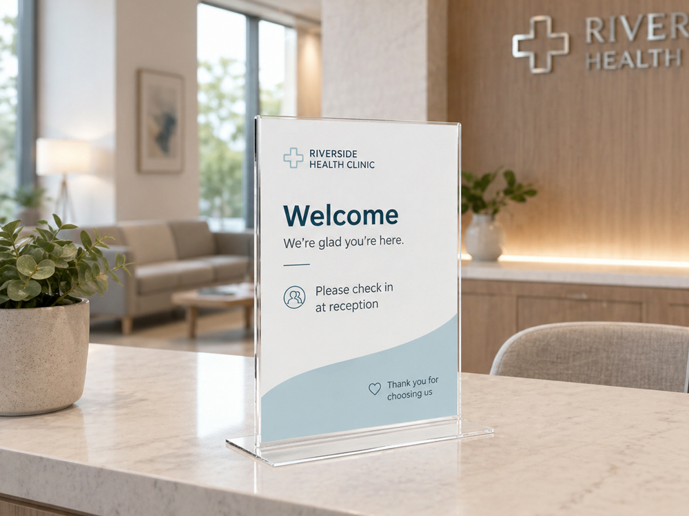 Deflecto A4 sign holder displaying a welcome message on a medical reception counter