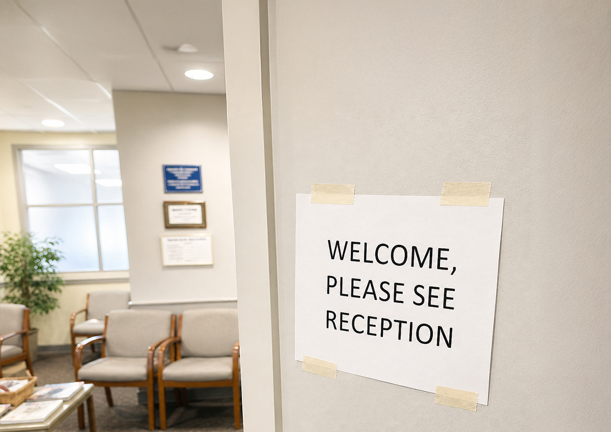 Paper notices stuck to a medical reception wall with sticky tape