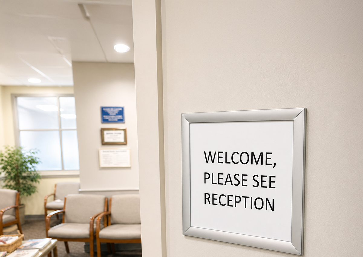 Snap frame displaying a professional notice on a medical reception wall
