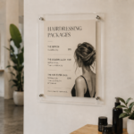Deflecto A3 Wall Mounted Acrylic Poster Holder displaying a hairdressing price list in a salon