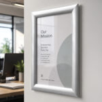 A4 silver snap frame wall mounted in an office displaying professional workplace signage