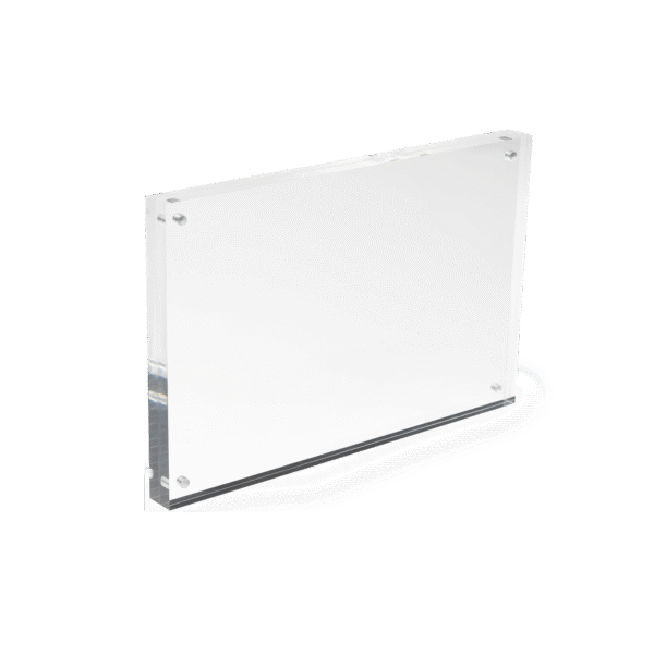 A5 magnetic acrylic block displayed on a reception counter with a small sign insert