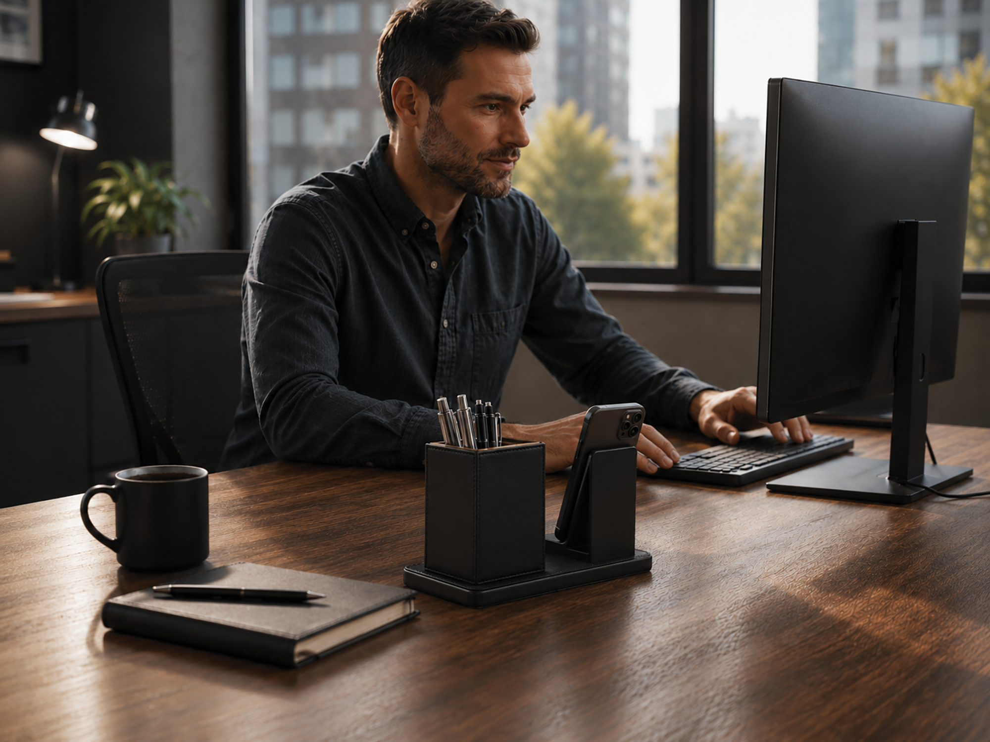 Deflecto Wireless Charging Desk Organiser with Pen Holder - Black - Image 2