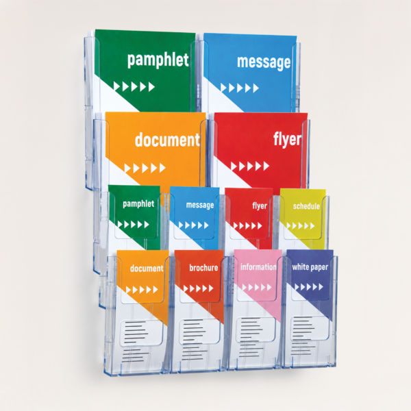 Deflecto Lit-Loc A4 × 4 and DL × 8 Wall-Mounted Brochure Display Kit