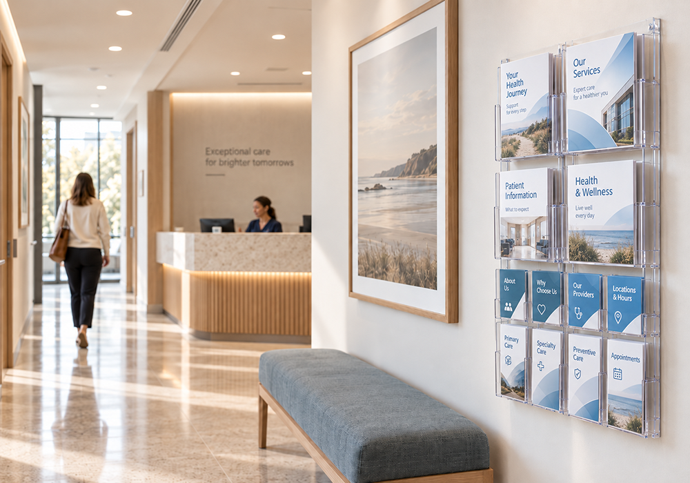Healthcare interior with information displays.