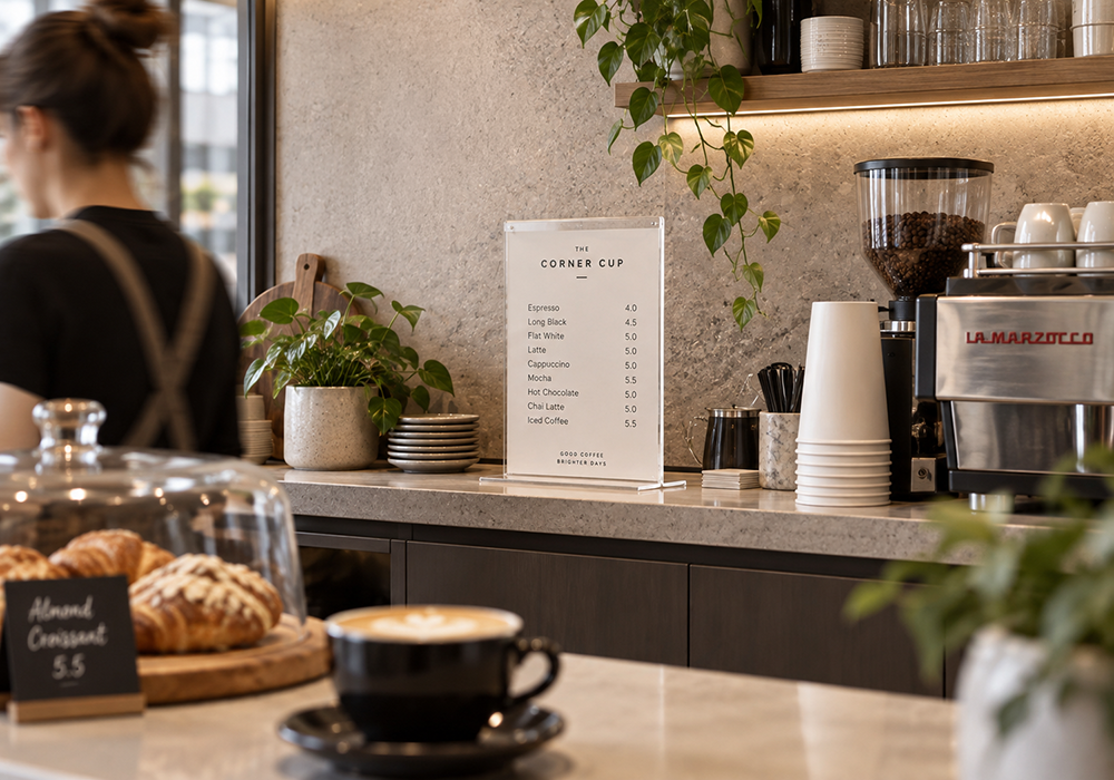 Hospitality interior with information displays.