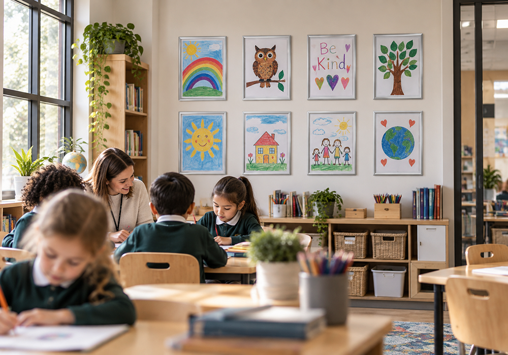 Education interior with information displays.