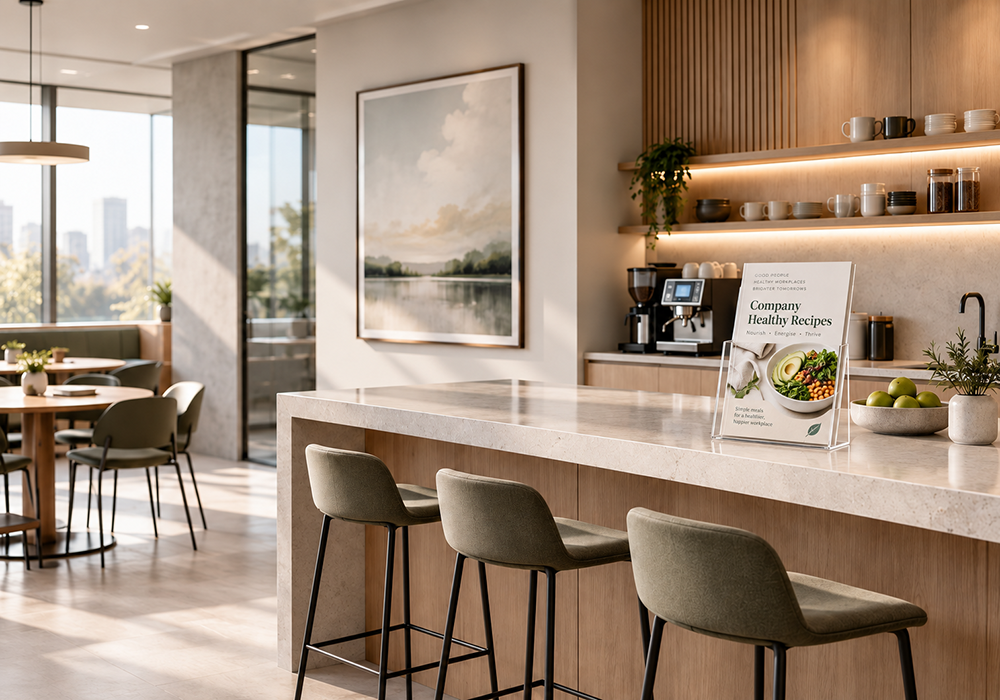 Workplace interior with information displays.