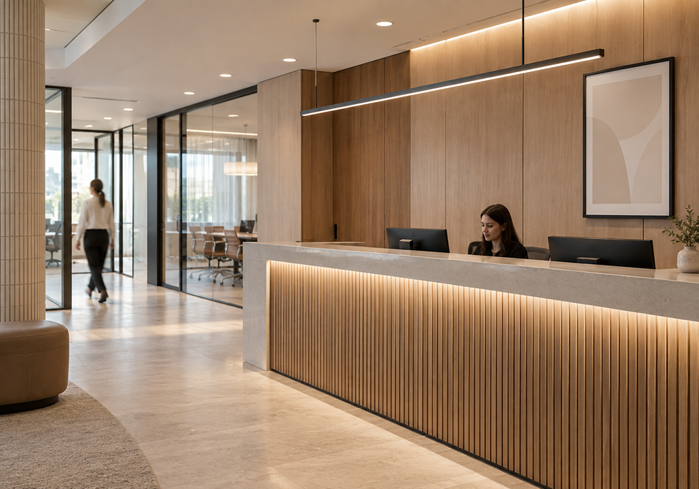 Reception interior with information displays.