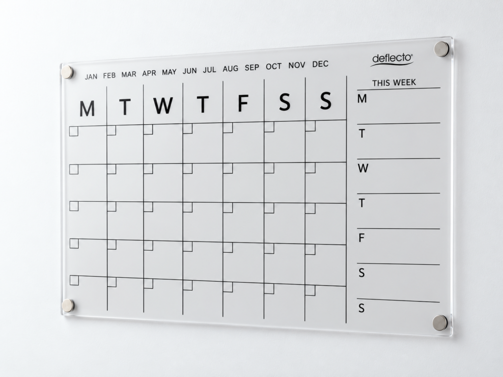 Deflecto A3 Magnetic Wall Planner WPMA3MG in clear acrylic with monthly grid and THIS WEEK section
