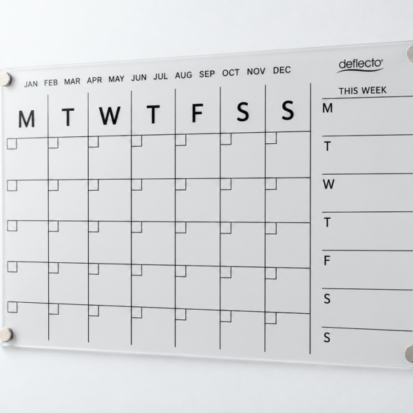 Deflecto A3 Magnetic Wall Planner WPMA3MG in clear acrylic with monthly grid and THIS WEEK section