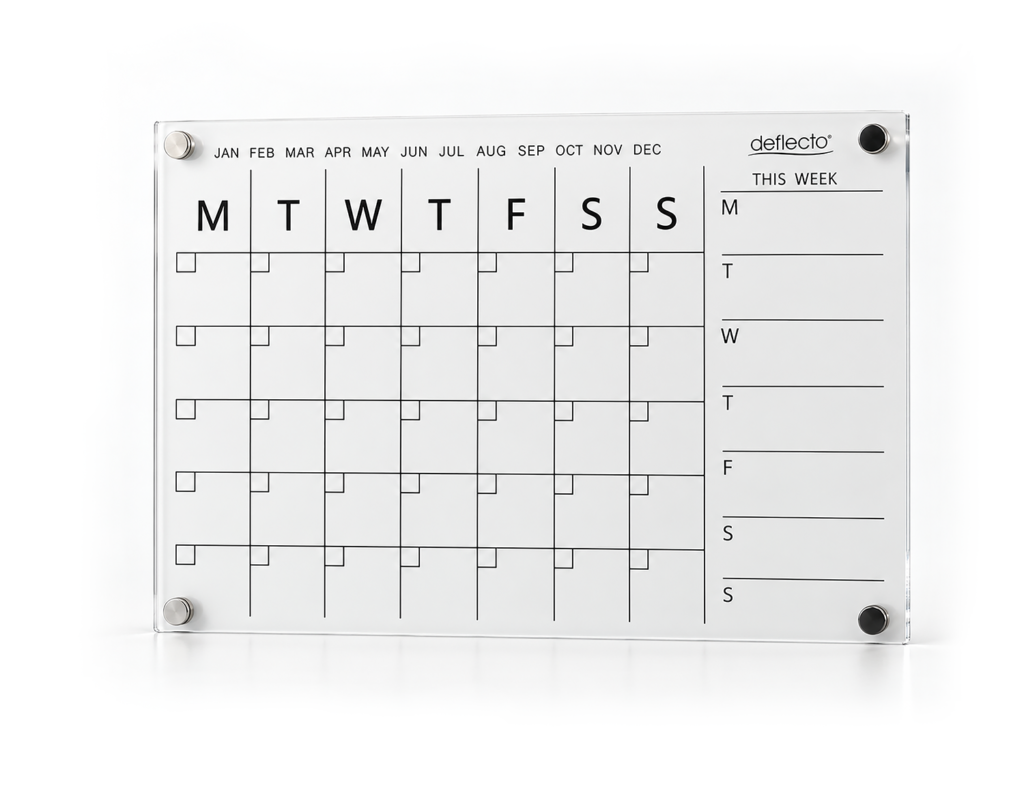 Deflecto A4 Magnetic Wall Planner WPMA4MG in clear acrylic with monthly grid and THIS WEEK section